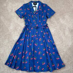 Collectif London Dress Women 12 Navy Blue Cherry Print Retro Rockabilly Tradwife